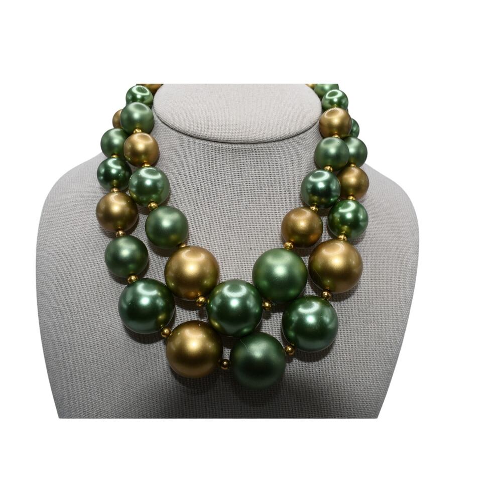 Vintage 1950s Green Gold Glass Bead Necklace Double Strand 18 Inch